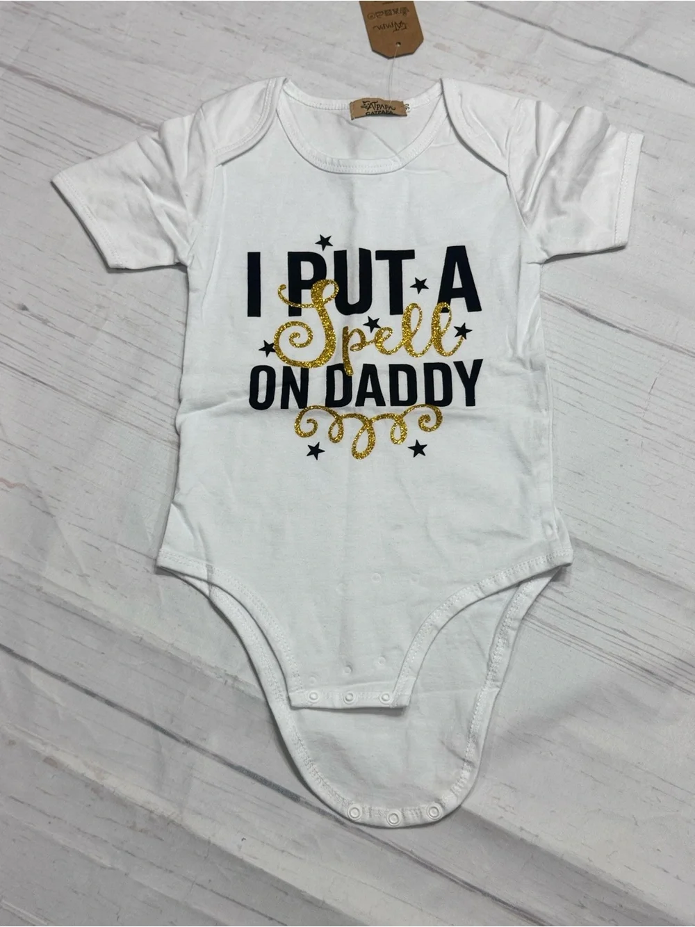 I Put a Spell On Daddy Baby Outfit - White, Black & Gold 6 months